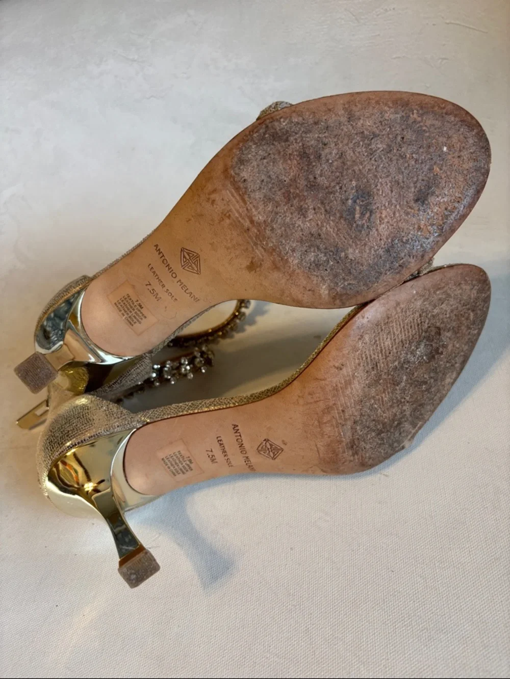 ANTONIO MELANI Gold Rhinestone Ankle-Strap Heels, size 7.5